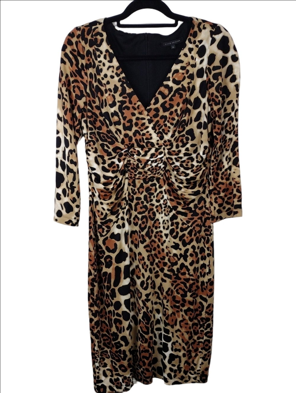 David Meister Leopard Print V-Neck Rushed Crossover 3/4 Sleeve Below Knee Dress